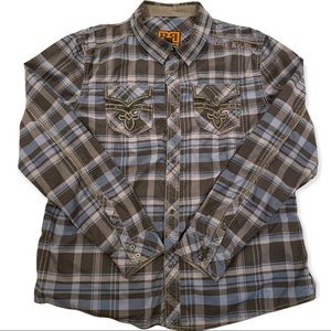 Mens Rock Revival Long Sleeve Button Front Plaid Shirt Blue Black XL